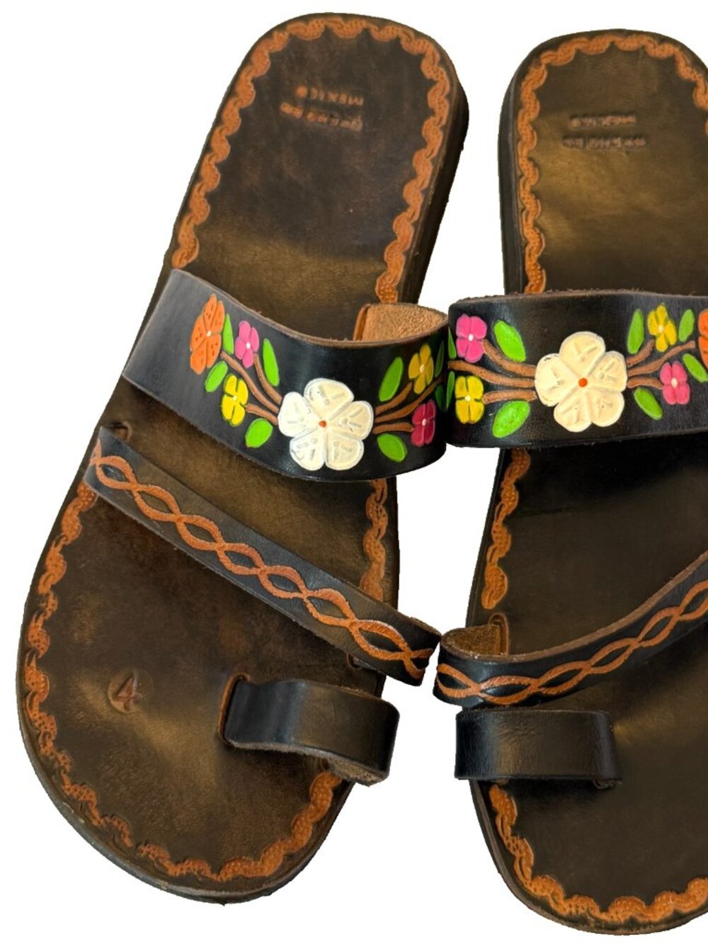 MEXICAN BLACK FLORAL TOE LOOP LEATHER SANDALS WOMENS SIZE 7 7.5 MEXICAN SIZE 24